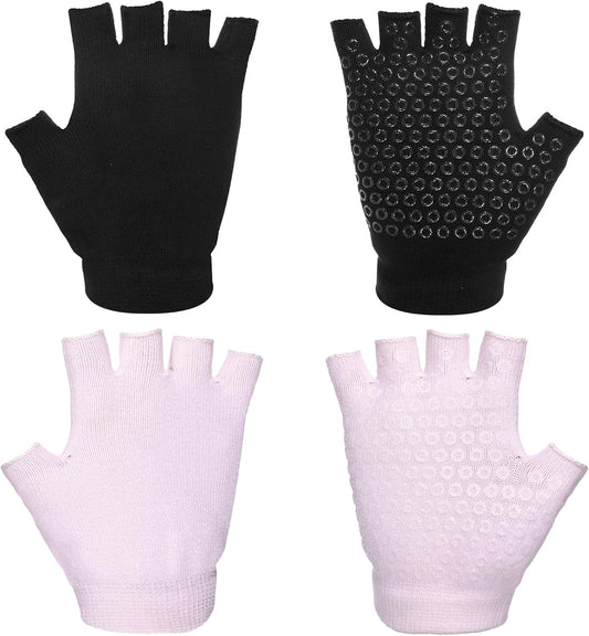 2 Pairs Non Slip Yoga Gloves for Women, Fingerless Pilates Gloves with Grips, Silicone Non Slip Grips for Workout Fitness Exercise (Black and Pink)