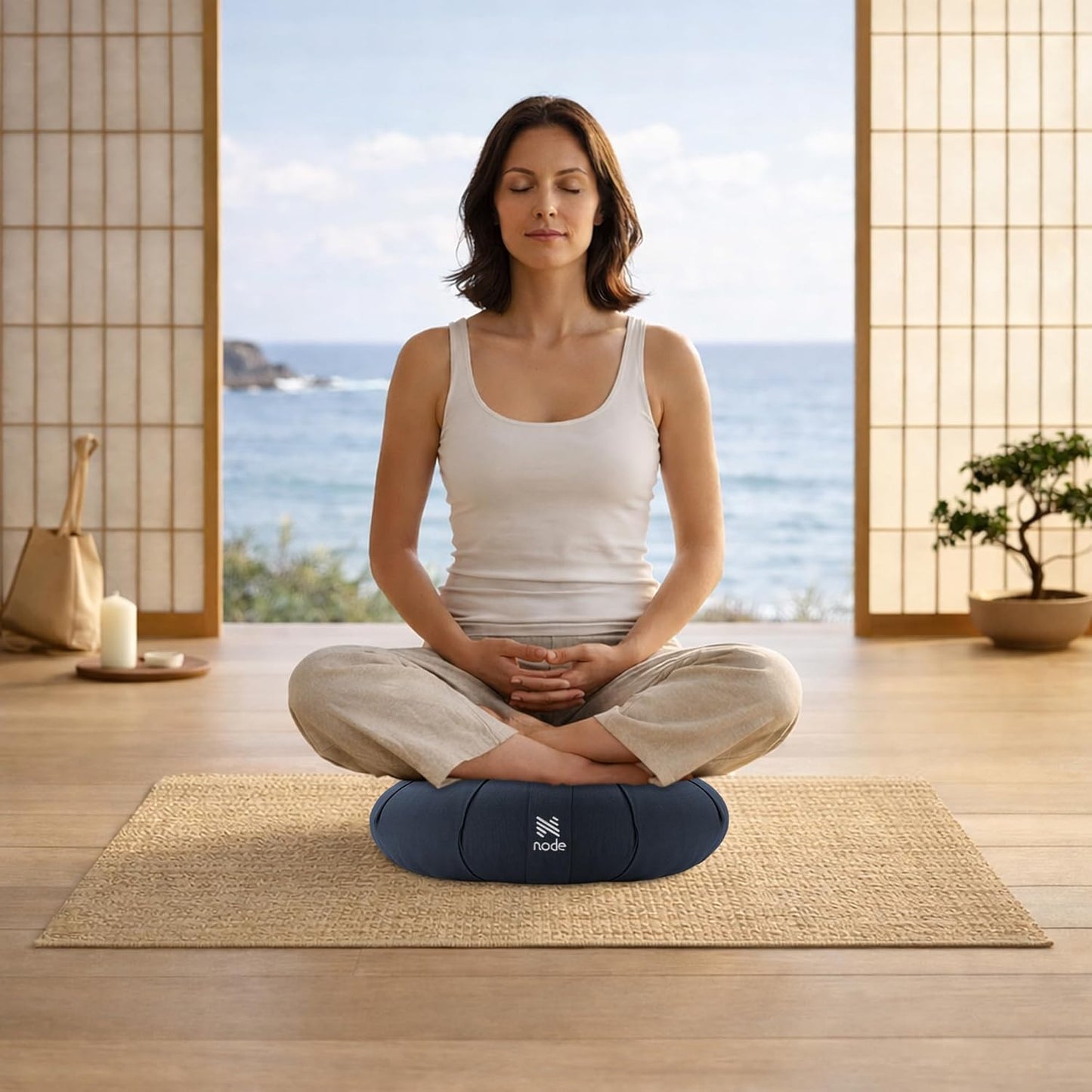 Zafu Meditation Cushion, 15" Round Buckwheat Yoga Pillow with Organic Cotton Cover - Blue