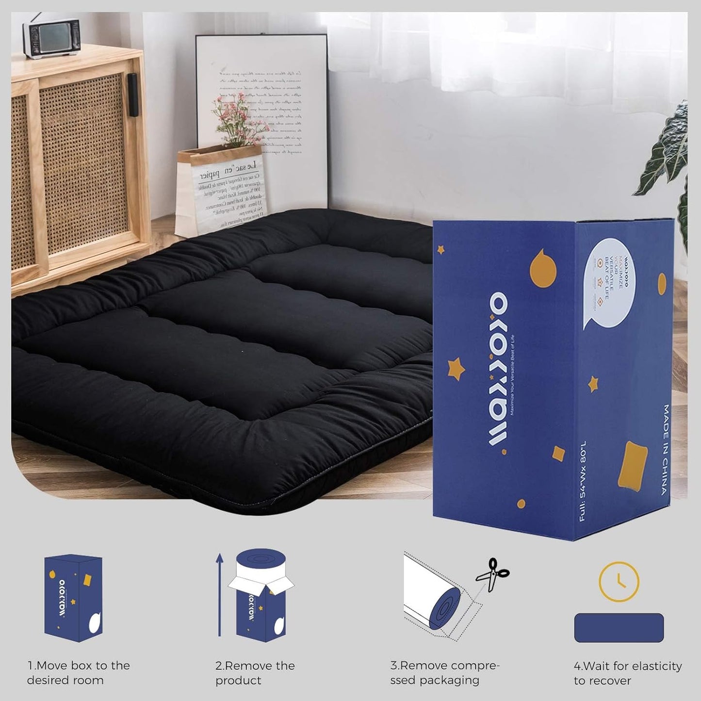 MAXYOYO Bohemian Retro Mattress Boho Floral Japanese Futon Mattress Tatami Floor Mat Foldable Portable Camping, Sleeping Pad, Lounger Couch Bed Full Size