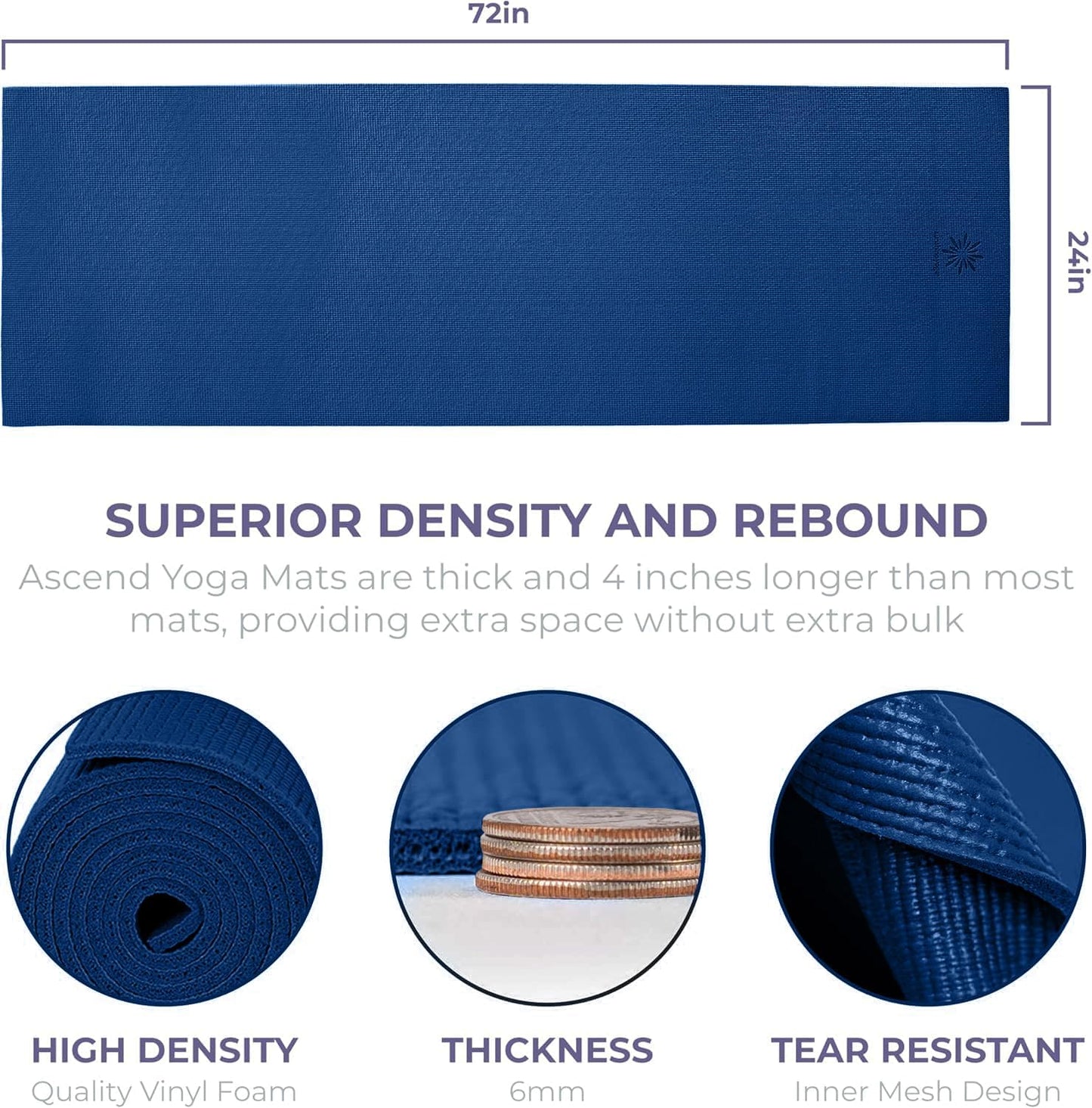 Ascend Yoga Mat - Premium 6mm Thick, 72" x 24", Solid or Reversible Print, Non Slip, Tear Resistant, Workout Mats for Pilates, Home, Studio, Fitness, Gym, Training, Floor Stretching
