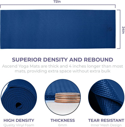 Ascend Yoga Mat - Premium 6mm Thick, 72" x 24", Solid or Reversible Print, Non Slip, Tear Resistant, Workout Mats for Pilates, Home, Studio, Fitness, Gym, Training, Floor Stretching