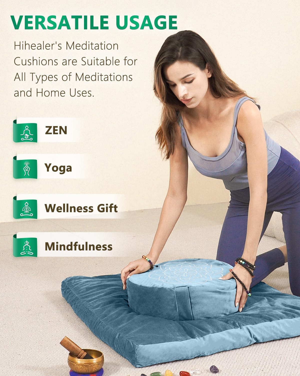 Hihealer Meditation Cushion, Traditional Tibetan Meditation Pillow Velvet Cover - Large Floor Cushion Seating for Adults - Yoga Buckwheat Bolster for Women、Moms