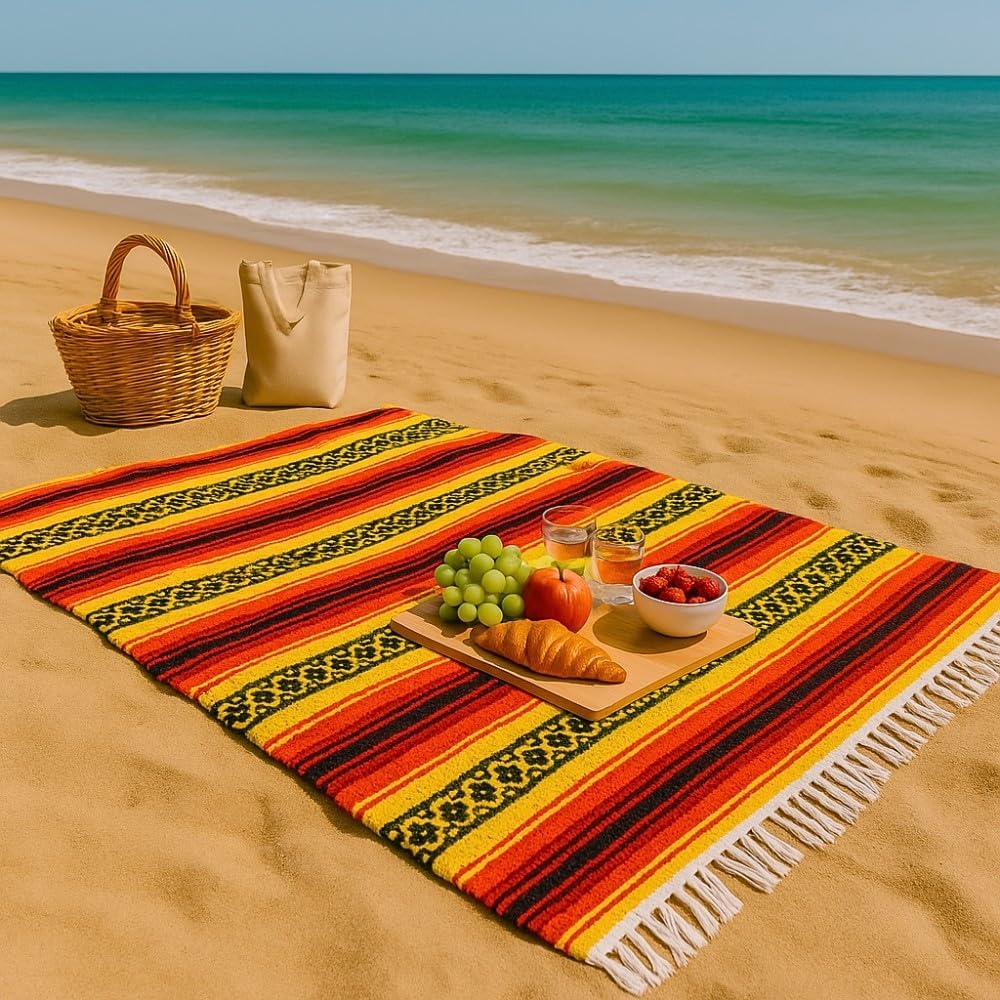 Open Road Goods Heavyweight Mexican Falsa Yoga Blanket, Extra Thick with Stripes - Great Beach, Picnic, or Throw - Handmade Sunfire Red, Orange, and Black Colors