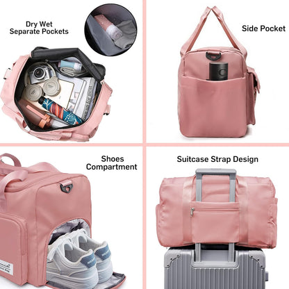 Suruid Travel Yoga Duffel Bag with Shoes Compartment Sports Gym Handbag with Dry Wet Separated Pocket for Training Men and Women, Overnight /Weekender Bag - Pink