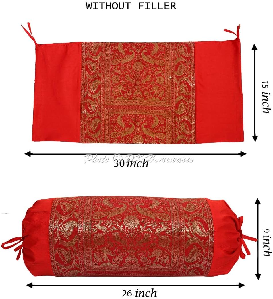 Indian Jacquard Brocade Silk Bolster Yoga Rectangle Pillow Cover Cylindrical Hotdog Red Tube Masand Home Decor Living Room Elephant Traditional Throw Cushion Cover 76x38 cm - 1 Pc