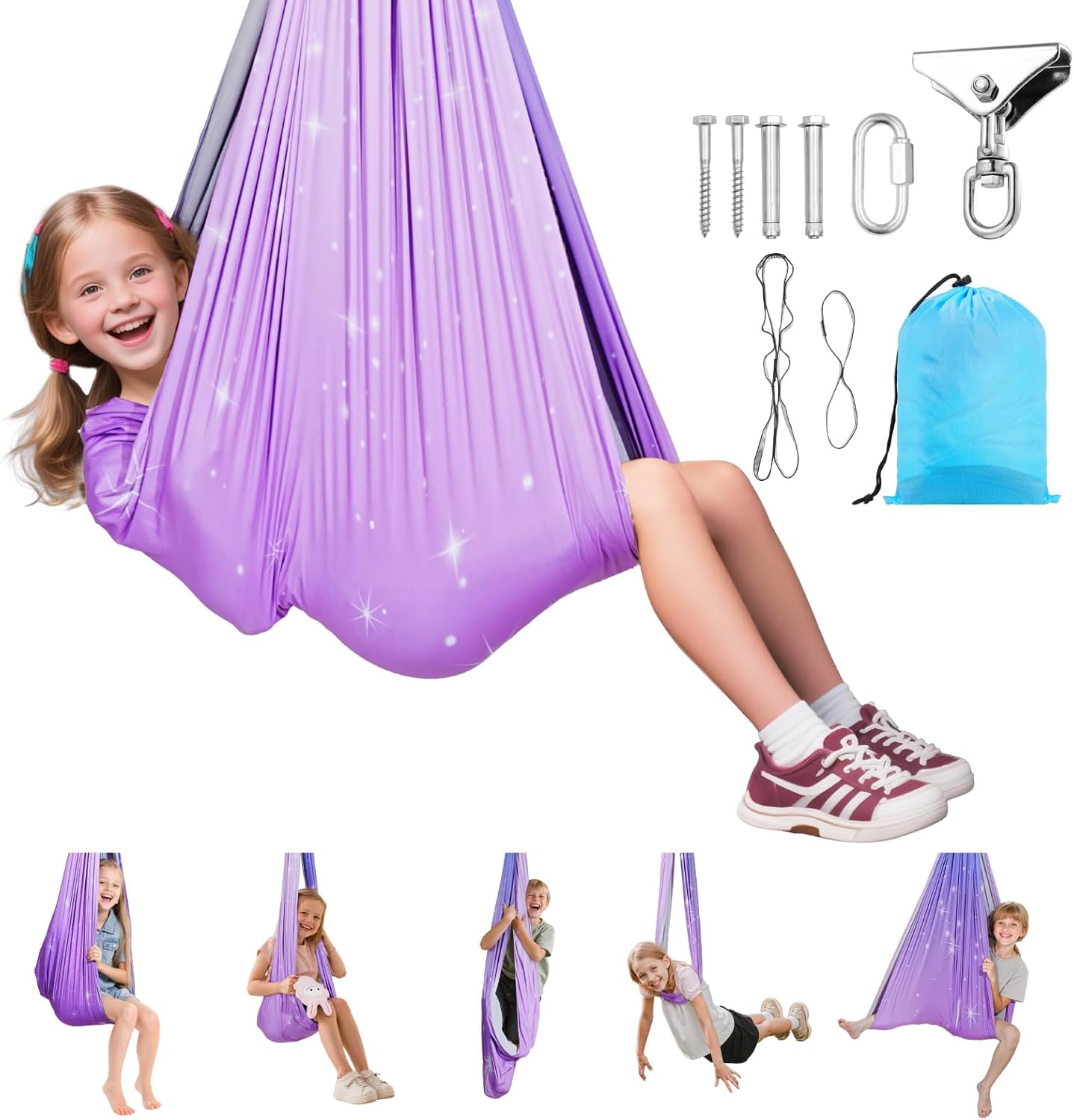 VEVOR Sensory Swing, Double-Layer Fabric Sensorys Hammock, Indoor & Outdoor Sensory Swing with 360° Swivel Hanger, O-Sling, Holds up to 300lbs, Adjustable Aerial Yoga, Ceiling Swings for Kids