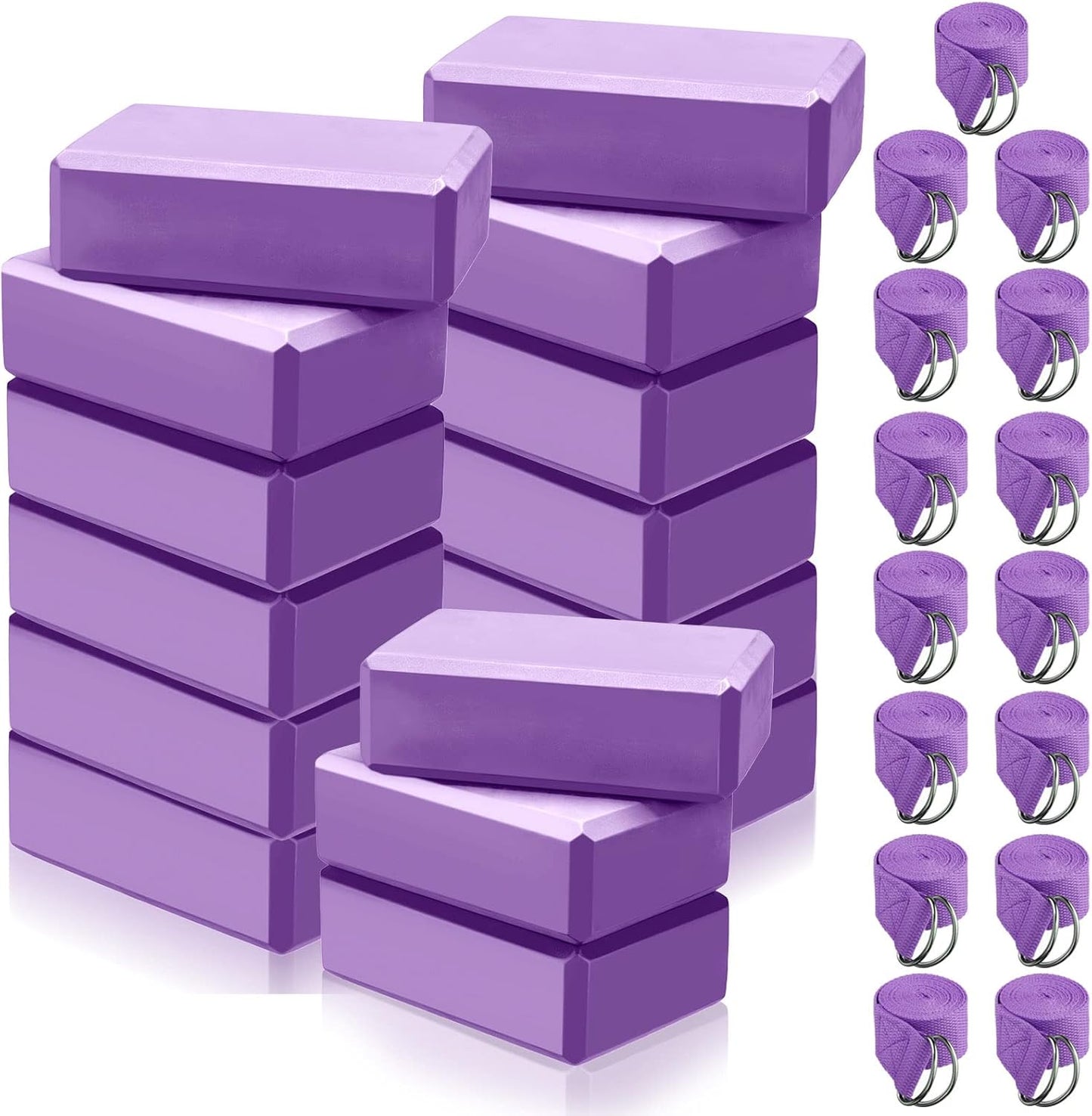 Wettarn 30 Pack Yoga Block and Strap Set 15 Pcs Non-Slip Yoga Blocks with 15 Pcs Metal D Ring Stretching Exercise Workout Fitness Accessory for Gym