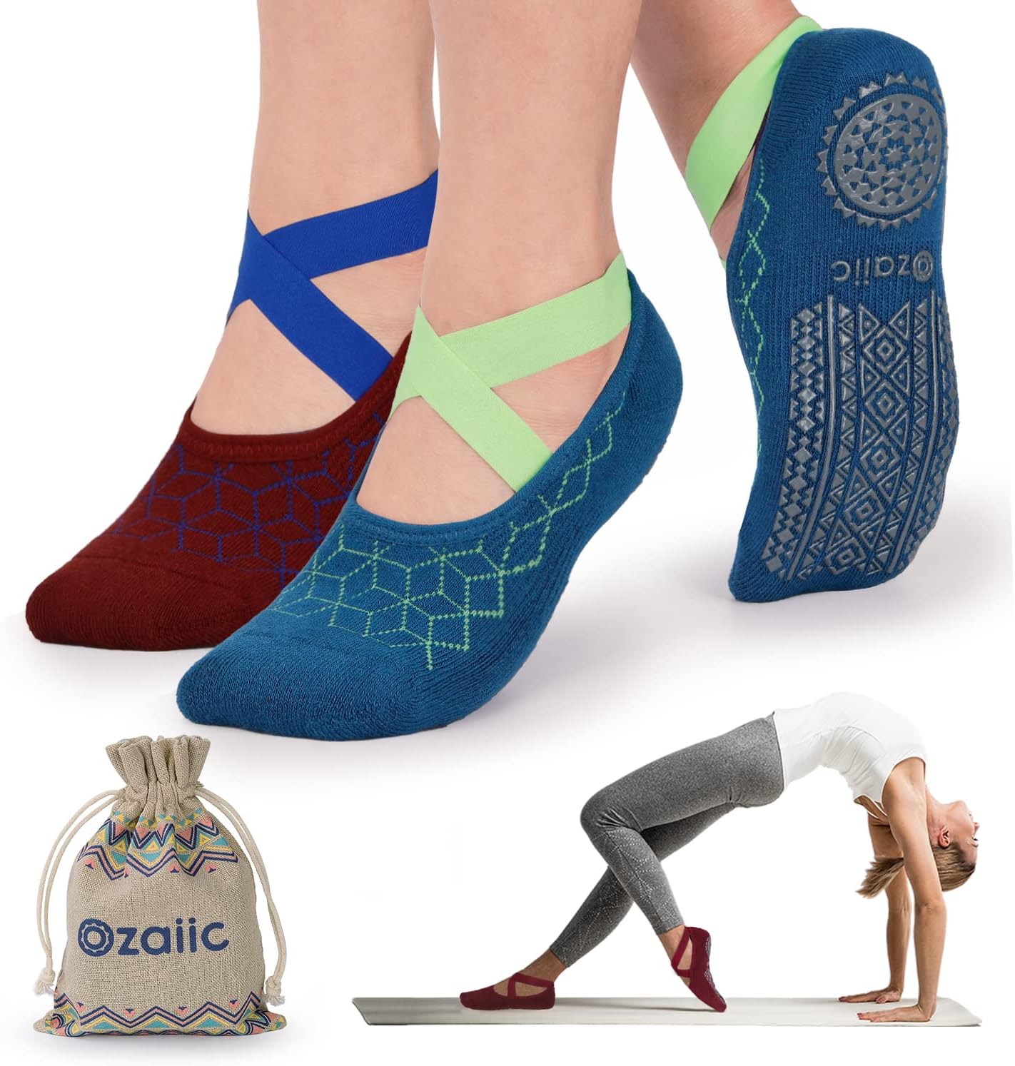 Ozaiic Pilates Socks for Women Non Slip Grip, Yoga Socks with Grippers for Barre, Hospital, Ballet, Dance, Barefoot Workout