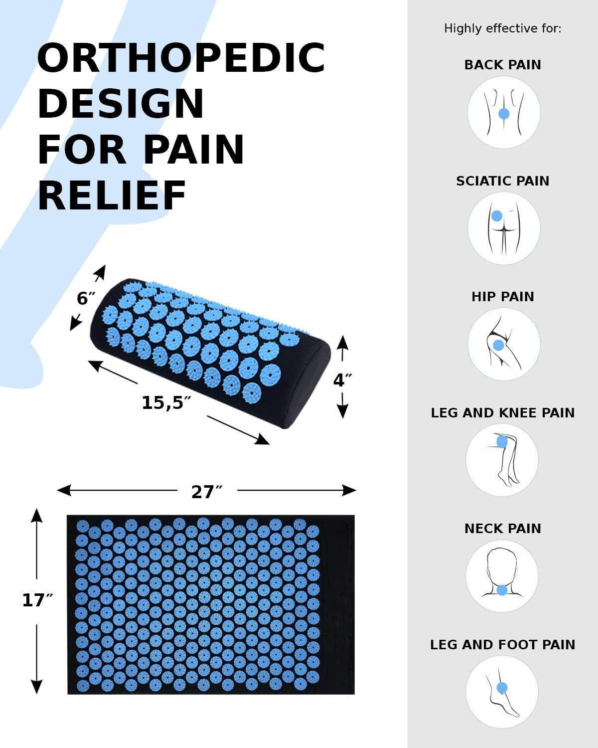 Acupressure Mat and Pillow Set for Lower Back Pain Relief & Muscle Relaxation - Acupuncture Mattress + Spiky Ball Massage Set for Back, Neck & Sciatic Nerve Pain - Relieves Tension at Pressure Points