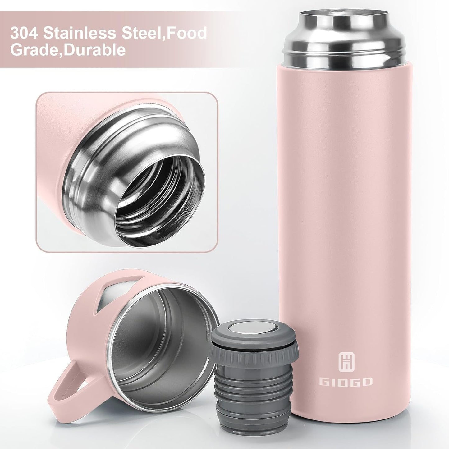 Stainless Steel Thermo 500ml/16.9oz Vacuum Insulated Bottle with Cup for Coffee Hot drink and Cold drink water flask.(Pink,Set)