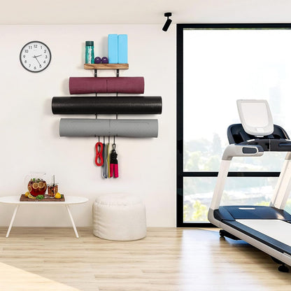 Bikoney Yoga Mat Holder Wall Mount Yoga Mat Storage Home Gym Accessories with Wood Floating Shelves and 4 Hooks for Hanging Foam Roller and Resistance Bands Fitness Home Gym Carbonized Black