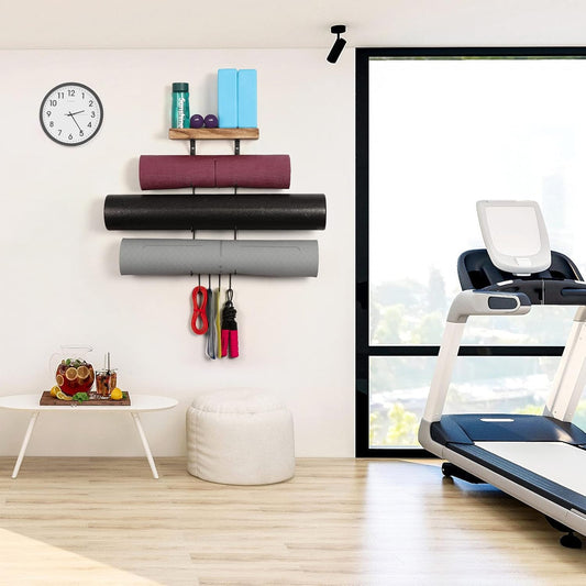 Bikoney Yoga Mat Holder Wall Mount Yoga Mat Storage Home Gym Accessories with Wood Floating Shelves and 4 Hooks for Hanging Foam Roller and Resistance Bands Fitness Home Gym Carbonized Black