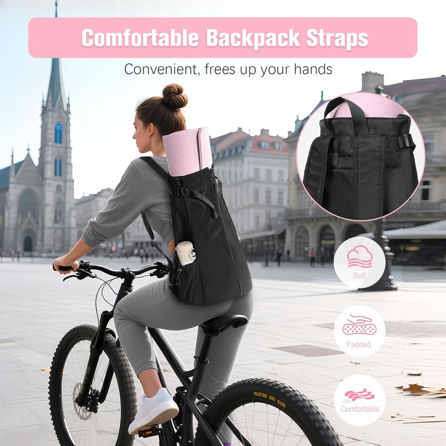 WOMACO Yoga Mat Bag, Adjustable Yogamat Blocks Carrier with Backpack Straps and Side Pockets, Top-Opening Yoga Backpack for Yoga Accessories