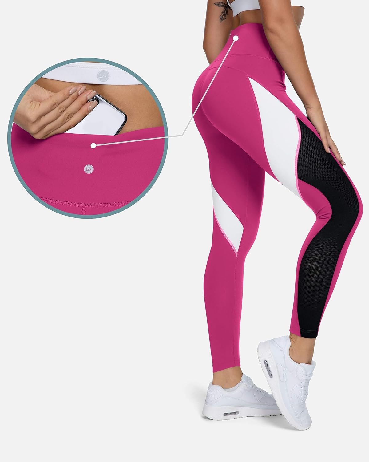 QUEENIEKE Women Yoga Pants Color Blocking Mesh Workout Running Leggings Tights