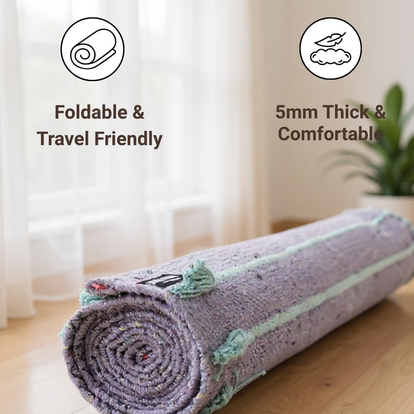 Indian Handmade100 % Organic Anti Skid Multi Colour Cotton Yoga Mat - Eco-Friendly Hand-Woven Rug - Non-Slip & Thick (24”x72”x5mm) for Hot yoga & Everyday Fitness at Home - Comfortable & Foldable Extra-Long Mat