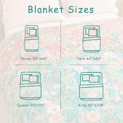 Boho Throw Blanket - 100% Cotton Soft Summer Throw Blanket for Bed, 50"x60" Reversible Breathable Lightweight Blankets, All Seasons Farmhouse Decor Floral Plant Butterfly Throw Quilt