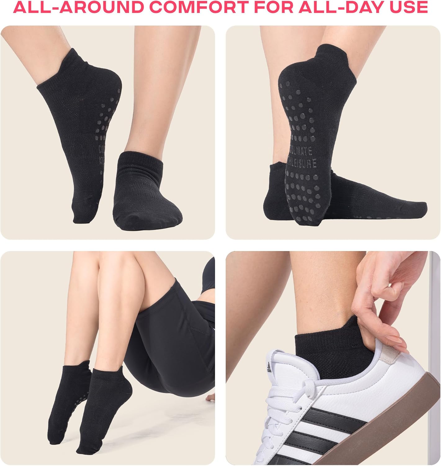 COOLMATE Pilates Socks with Grips for Women, Yoga Socks, Crew Non Slip Women for Barre, Pilates Gifts for Women - Colors B