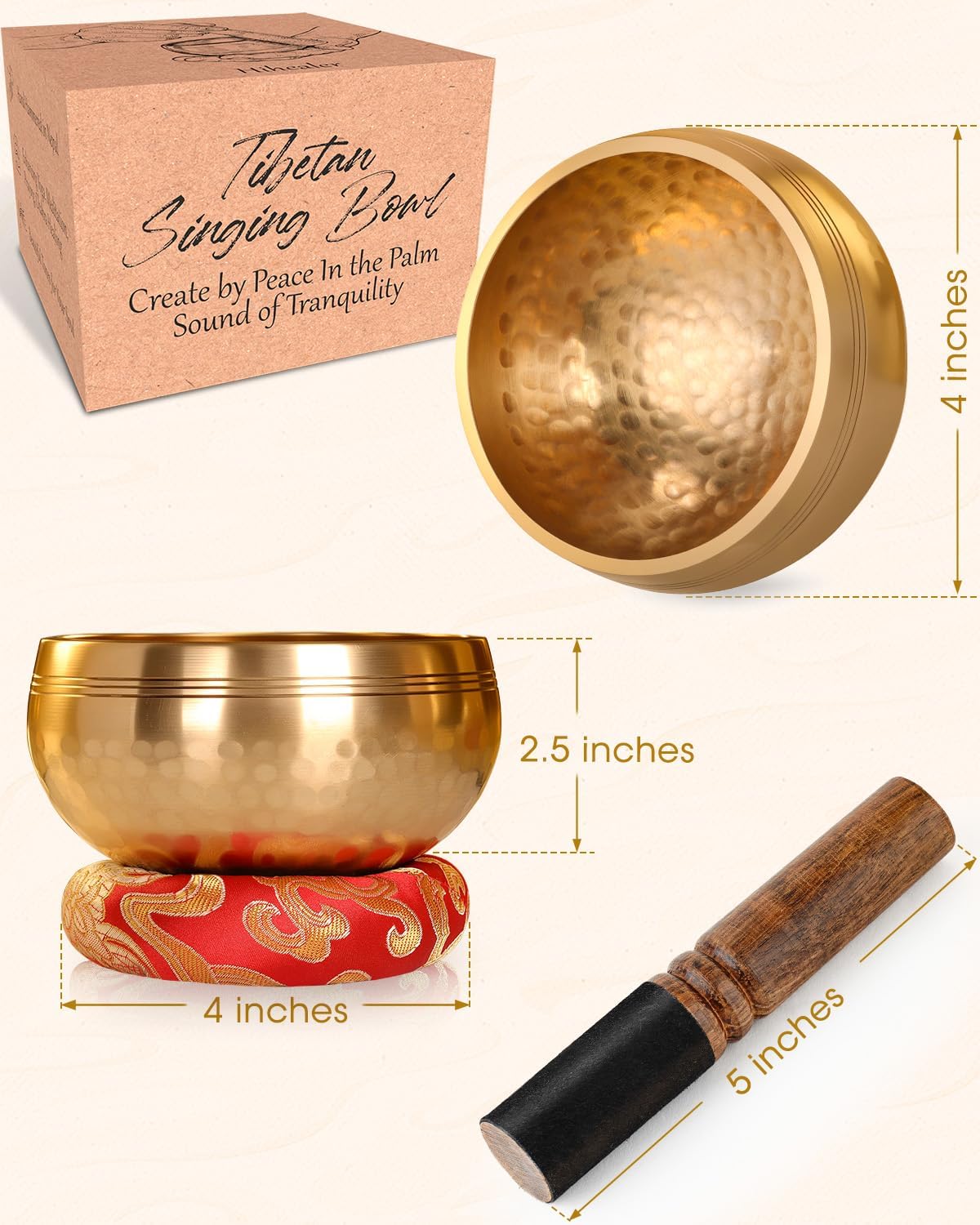 Relaehih Tibetan Singing Bowls Set-Hand-hammered in Nepal Sound Bowl for Meditation, Yoga, Chakra, Meditation Accessories, Stress Relief Tool and Unique Gifts for Women, Men (Yellow, 4 inch)