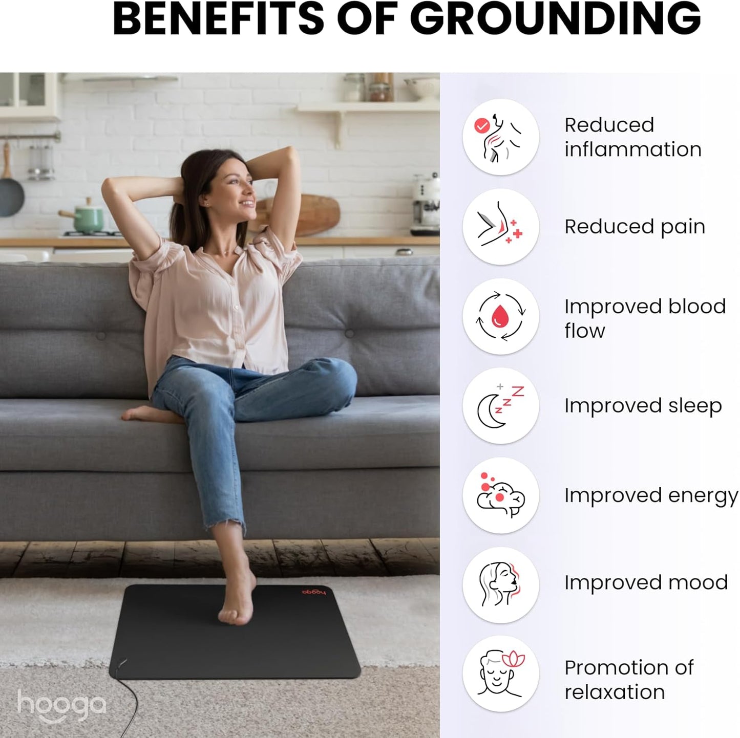 hooga Grounding Mat for Feet, Desk & Floor | Sleep, Stress Relief & Muscle Relaxation | 24"x16" Conductive Carbon Pad | 15 Ft Cord | Non-Slip Rubber Backing | Indoor Grounding Mat