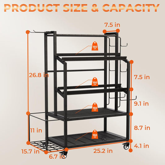 Dumbbell Rack with Wheels, Adjustable Heavy Duty Weight Stand for Dumbbells Kettlebells, Multi-Purpose Home Gym Storage Organizer for Yoga Mat Foam Roller, Workout Equipment Storage Rack