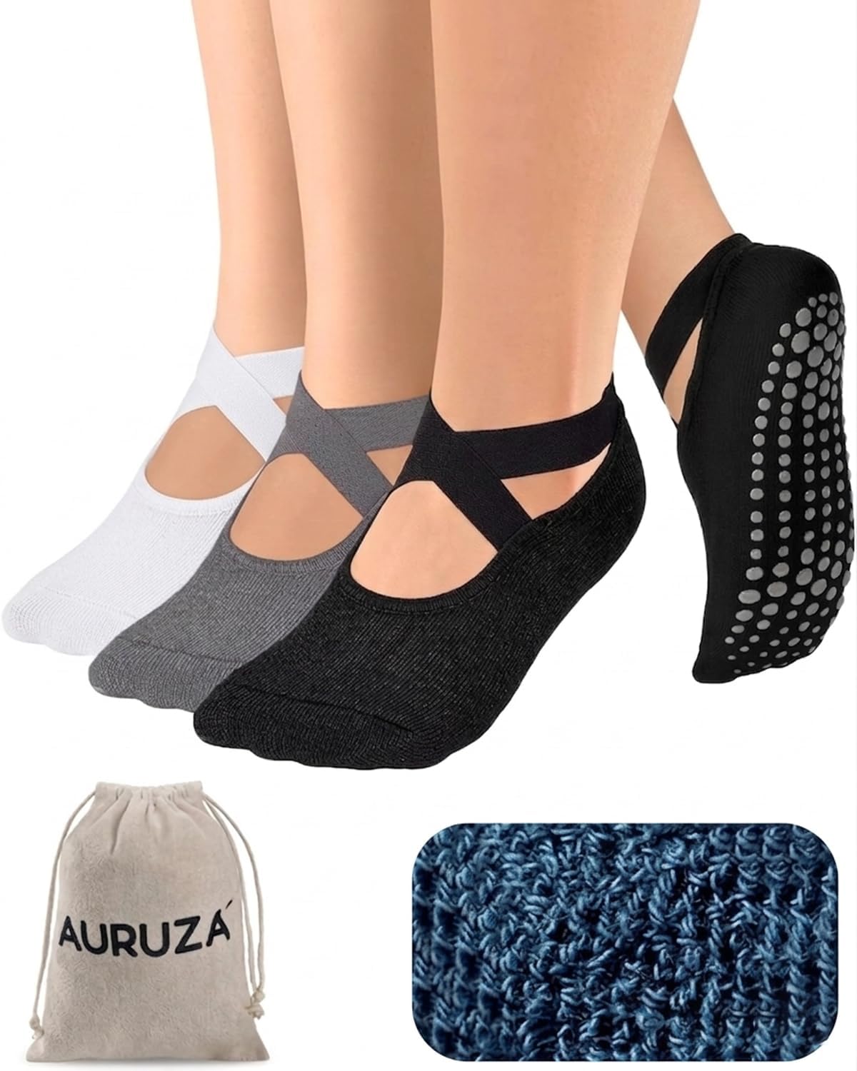 AURUZA Pilates Grip Socks for Women Non Slip Skid Yoga Socks with Grips Straps for Ballet Dance Workout Gripper Sock