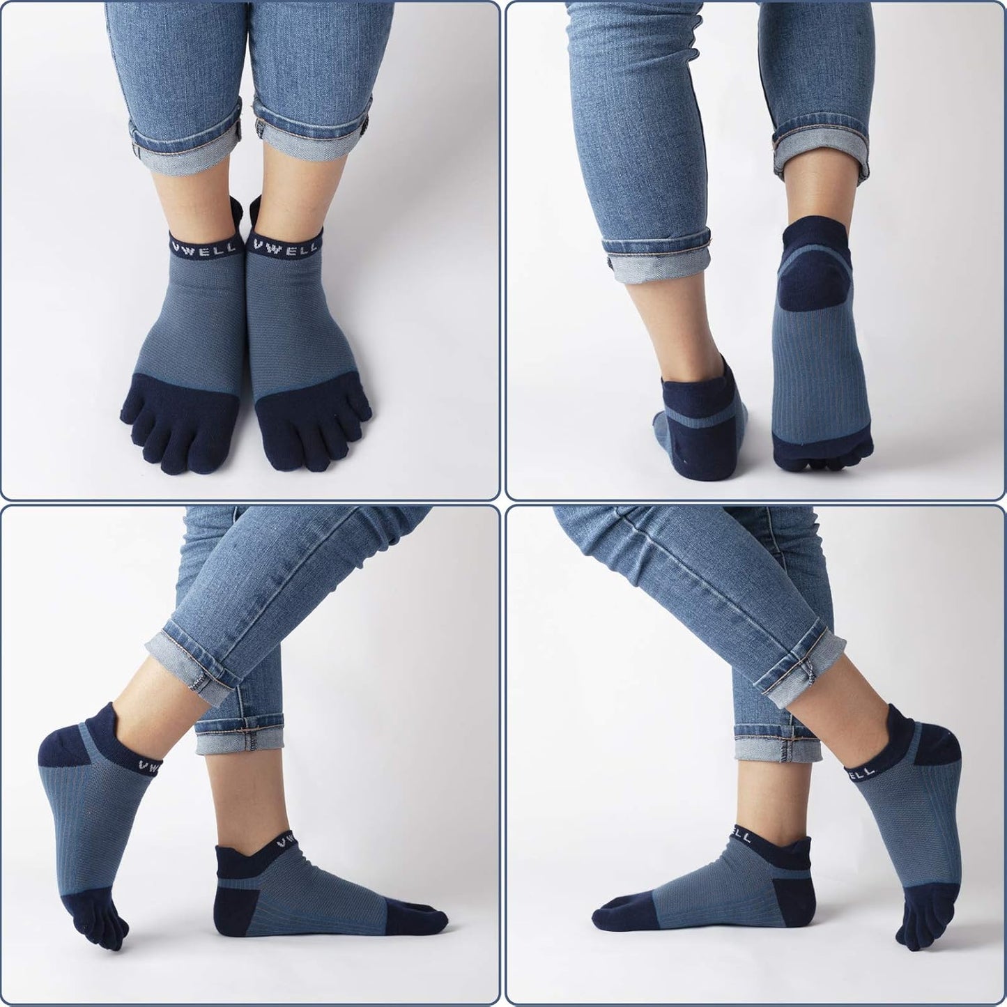 VWELL Cotton Toe Socks Five Finger Socks No Show Crew Athletic Running Socks 4 Pairs,Size 7-11