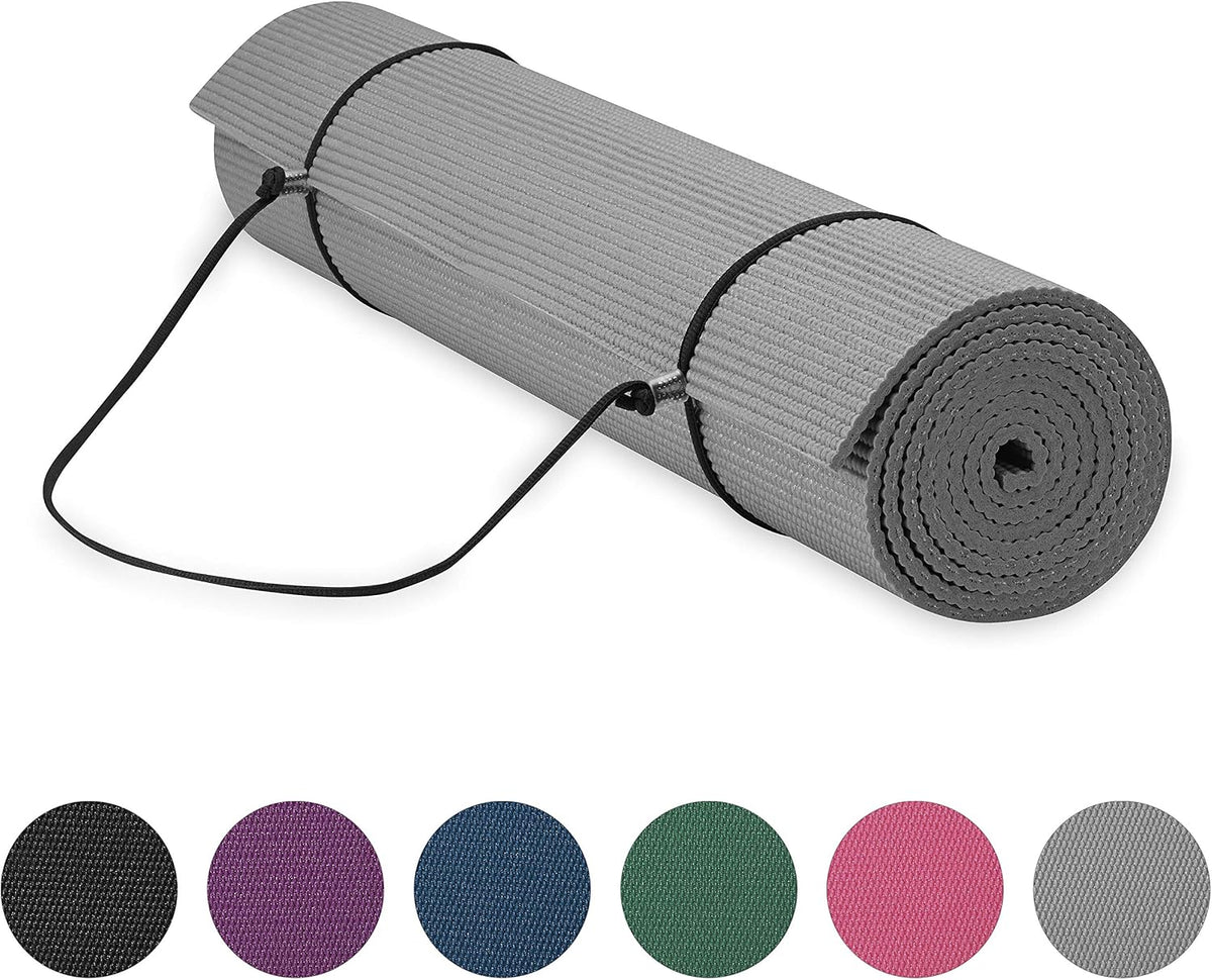 Essentials 1/4" Thin (6mm) Yoga & Pilates, Fitness & Exercise Mat with Easy-Cinch Carrier Strap Cusion Support For Fitness and Gym Workouts