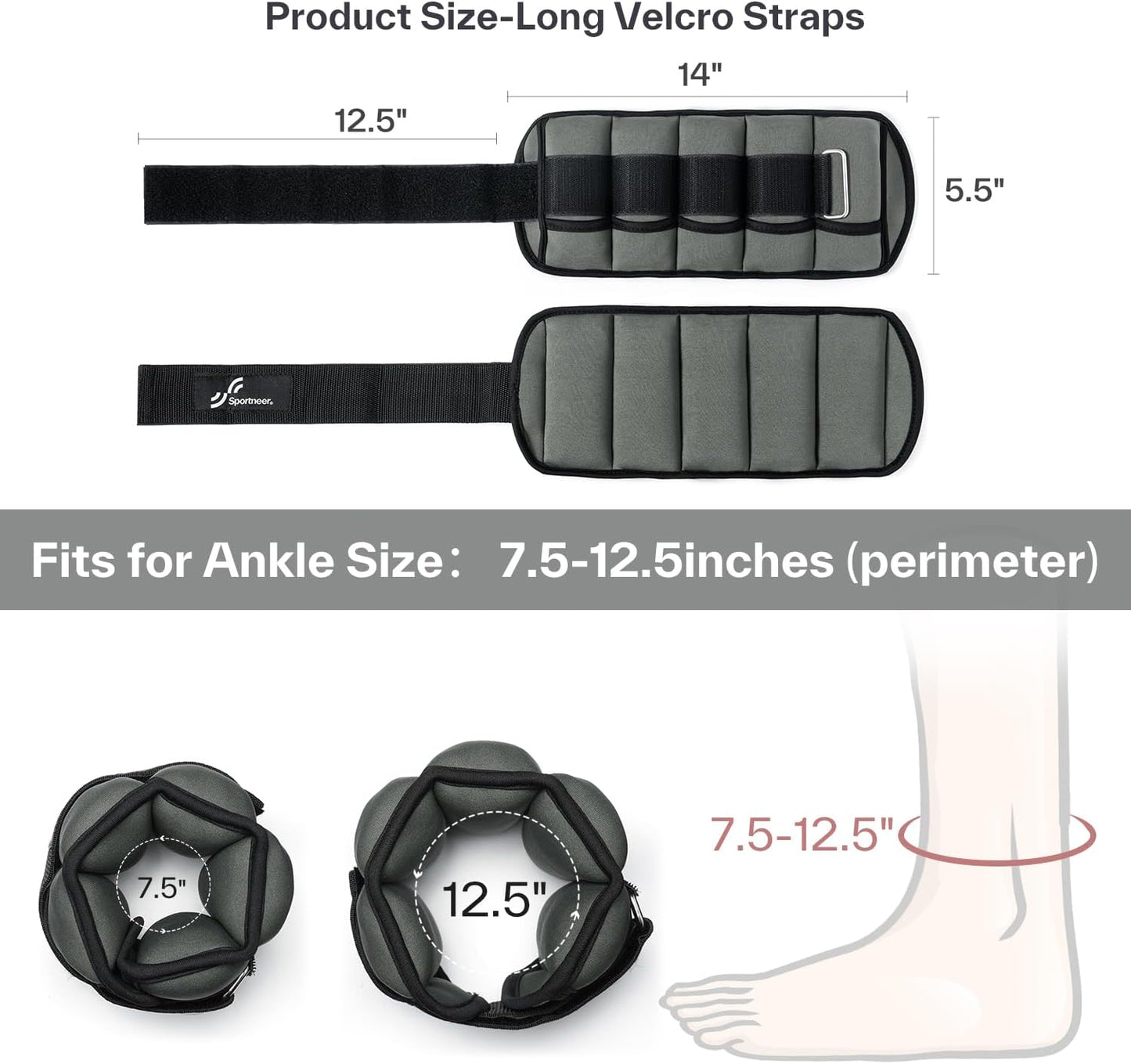 Sportneer Adjustable Ankle Weights Set - 1 Pair (2-10 lbs) Removable Sandbags for Women & Men, Comfortable Neoprene Leg Weights for Walking, Running, Pilates, Yoga, Home Workout & Physical Therapy