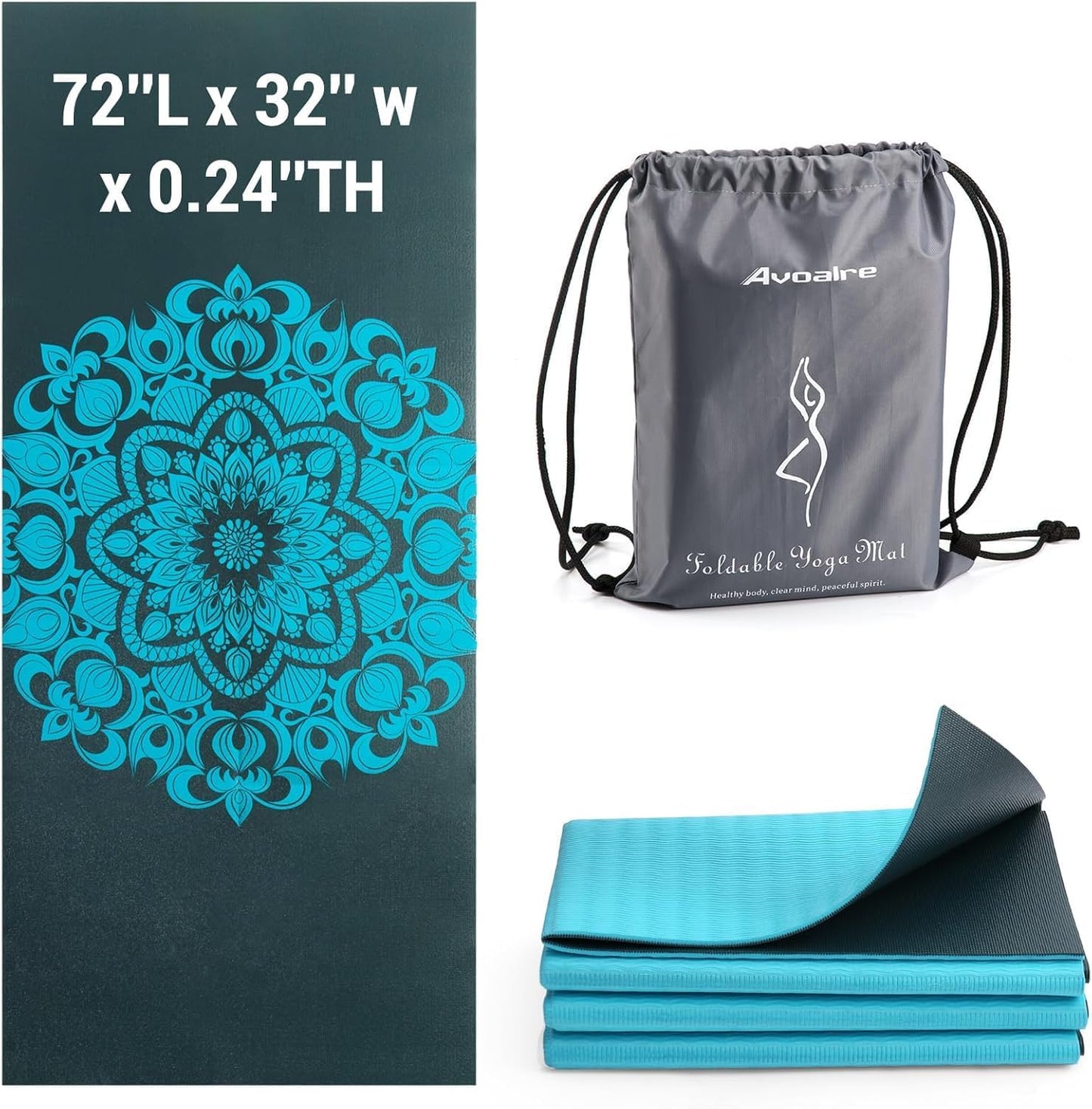 Avoalre Folding Yoga Mat, Eco-Friendly PVC Travel Yoga Mat Packable, Double Sided Non-Slip Printed Yoga Mats with Bag for Home Workout Gym Exercise Fitness Pilates Stretching (72" x 32" x 0.24" Thick)