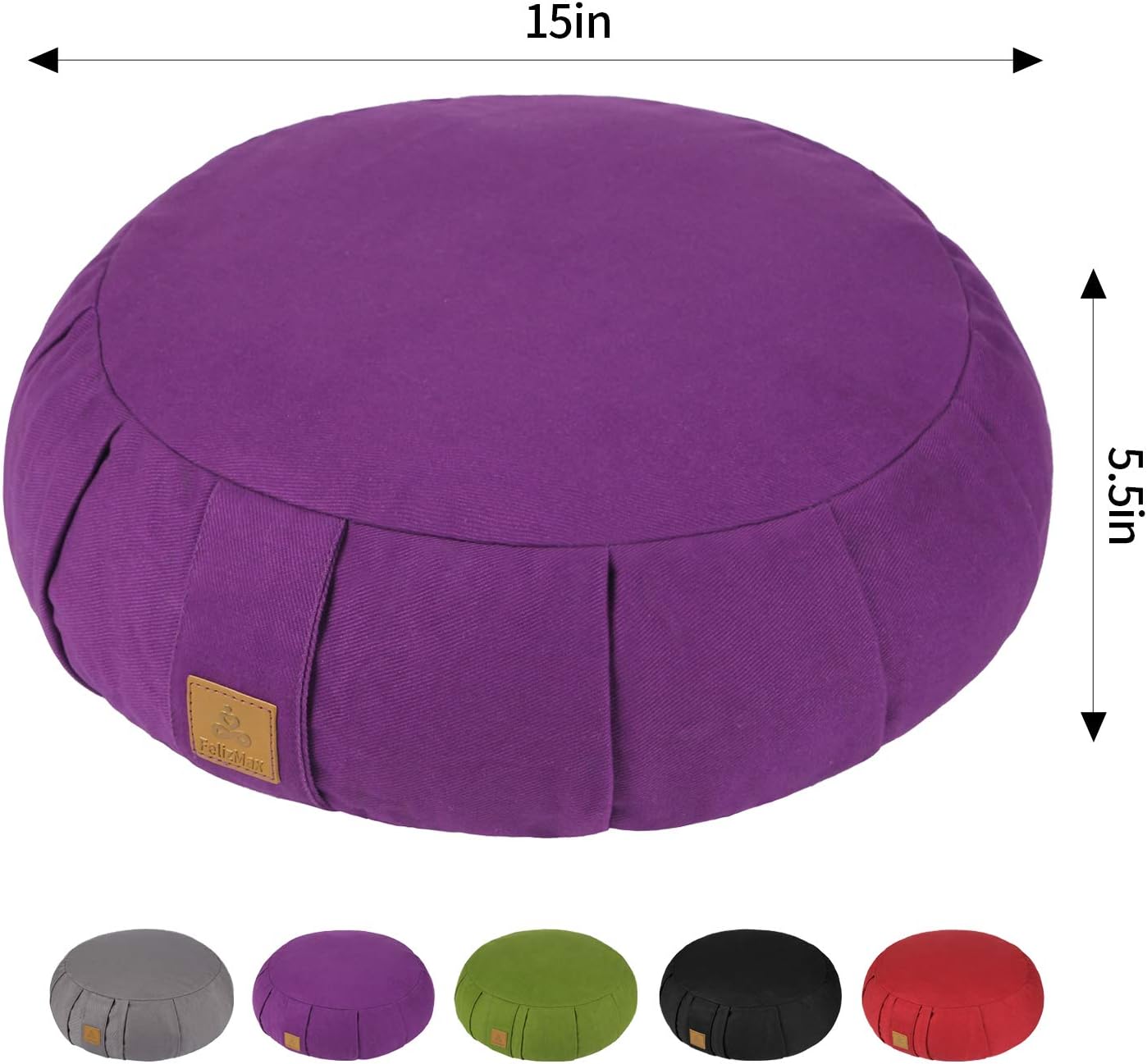 Round Zafu Meditation Cushion, D=15" H=5.5" Zabuton Meditation Pillow, Yoga Bolster/Pillow, Floor seat, Zippered Organic Cotton Cover, Natural Buckwheat, Kneeling Pillow