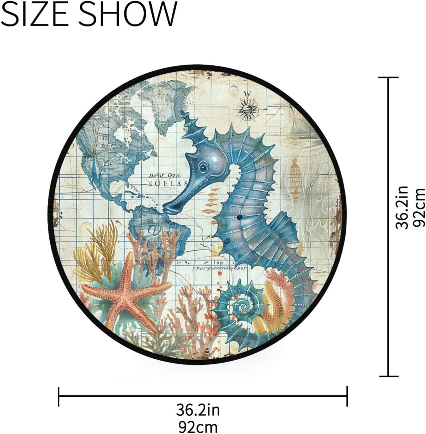 Vdsrup Ocean Sea Horse Doormat Nautical Seahorse Starfish Round Floor Mat Non Slip Carpet Yoga Mat Rug for Entryway Living Room Bedroom Home Decor 3'