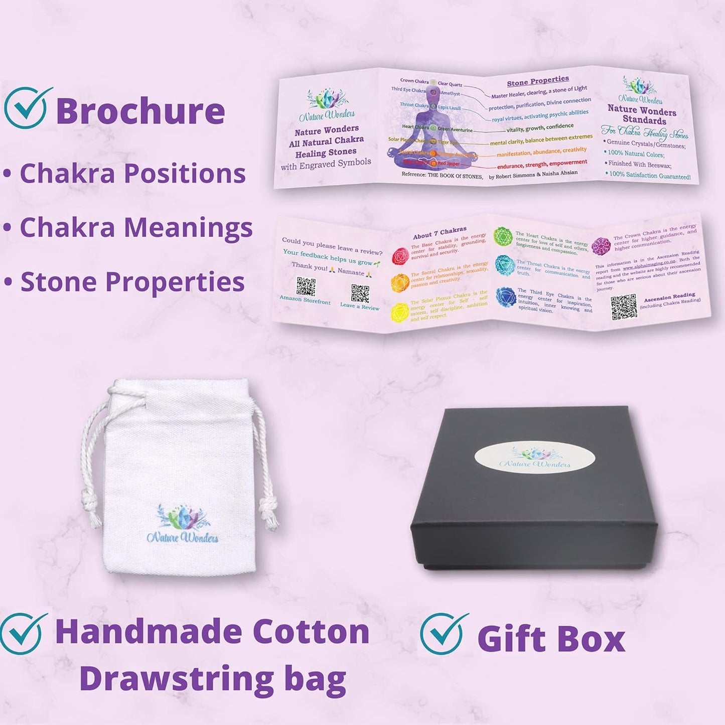 Uorbeay NatureWonders All Natural 7 Chakra Stone Set (Pyramid) with Engraved Symbols (Gift Box, Information Brochure & Pouch) - Healing Crystals, Balancing, Tumbled Palm Stone, Touchstone, Meditation