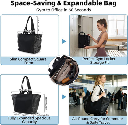 Lightweight Carryall Tote Bag for Women, 25L Expandable Travel Work Bag with Tablet Sleeve, Gym Tote with Yoga Mat Holder & Wet Dry Pocket, 3-Piece Set with Shoe Bag & Cosmetic Pouch (Black)
