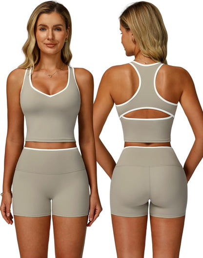 Women 2 Piece Workout Sets Racerback Color Block Tank Top High Waist Tummy Control Shorts Yoga Outfits