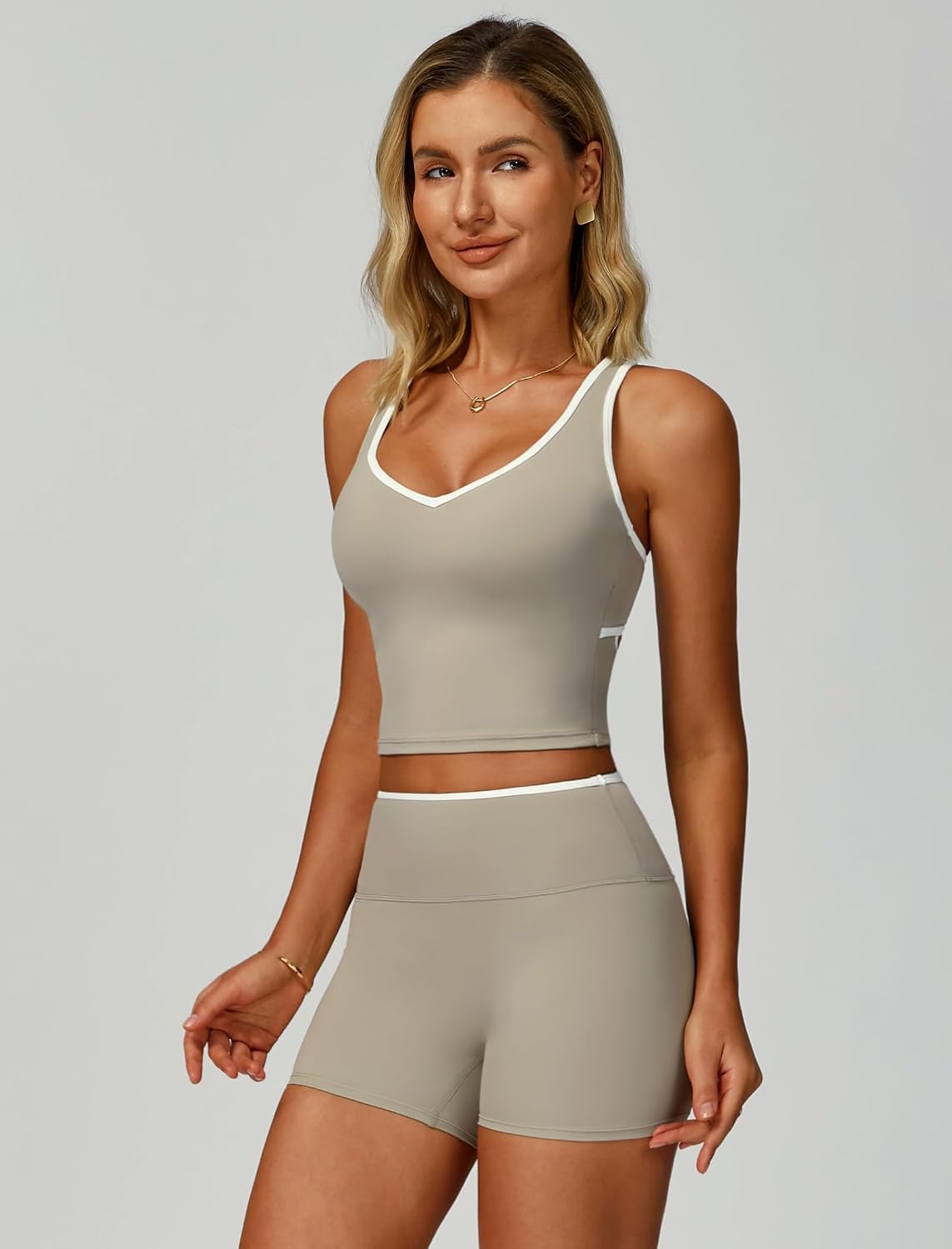 Women 2 Piece Workout Sets Racerback Color Block Tank Top High Waist Tummy Control Shorts Yoga Outfits