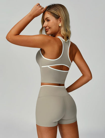 Women 2 Piece Workout Sets Racerback Color Block Tank Top High Waist Tummy Control Shorts Yoga Outfits