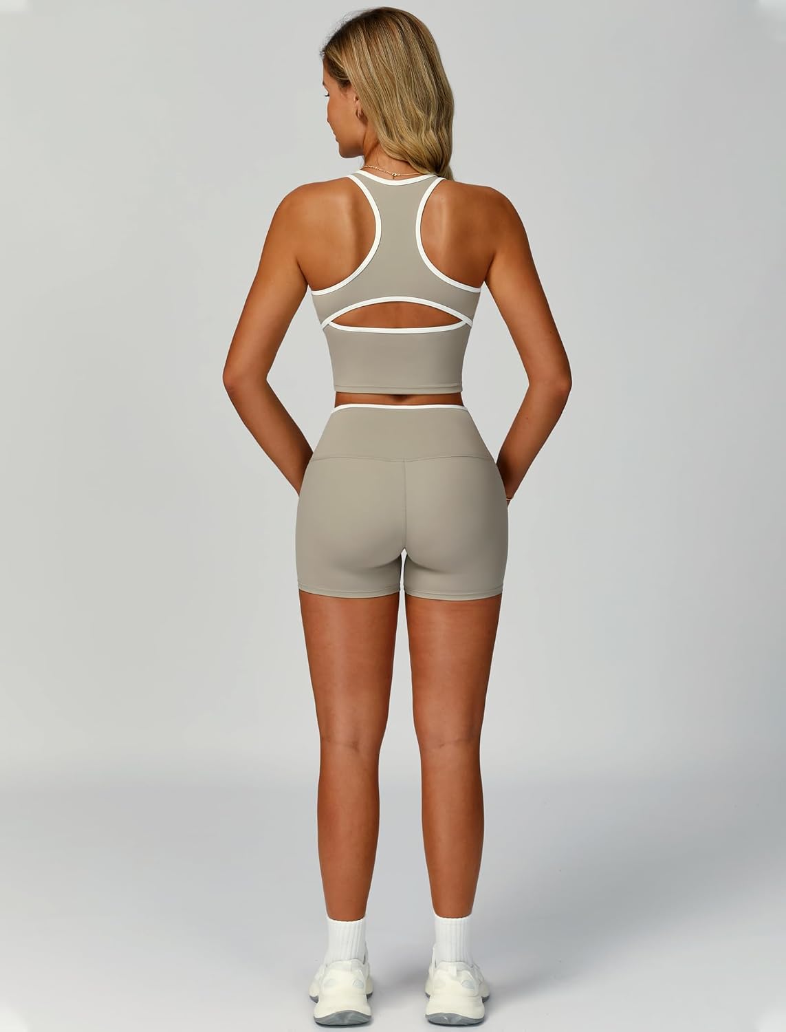 Women 2 Piece Workout Sets Racerback Color Block Tank Top High Waist Tummy Control Shorts Yoga Outfits