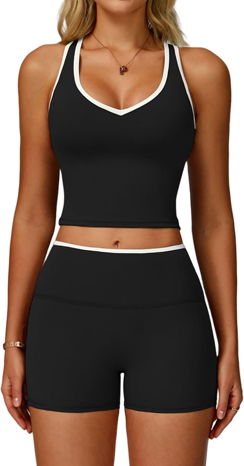 Women 2 Piece Workout Sets Racerback Color Block Tank Top High Waist Tummy Control Shorts Yoga Outfits