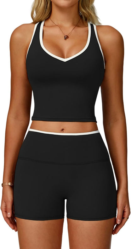 Women 2 Piece Workout Sets Racerback Color Block Tank Top High Waist Tummy Control Shorts Yoga Outfits