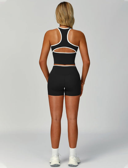 Women 2 Piece Workout Sets Racerback Color Block Tank Top High Waist Tummy Control Shorts Yoga Outfits
