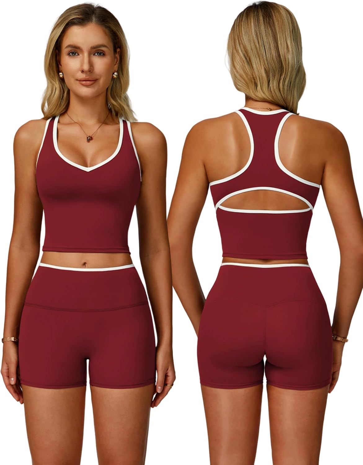 Women 2 Piece Workout Sets Racerback Color Block Tank Top High Waist Tummy Control Shorts Yoga Outfits