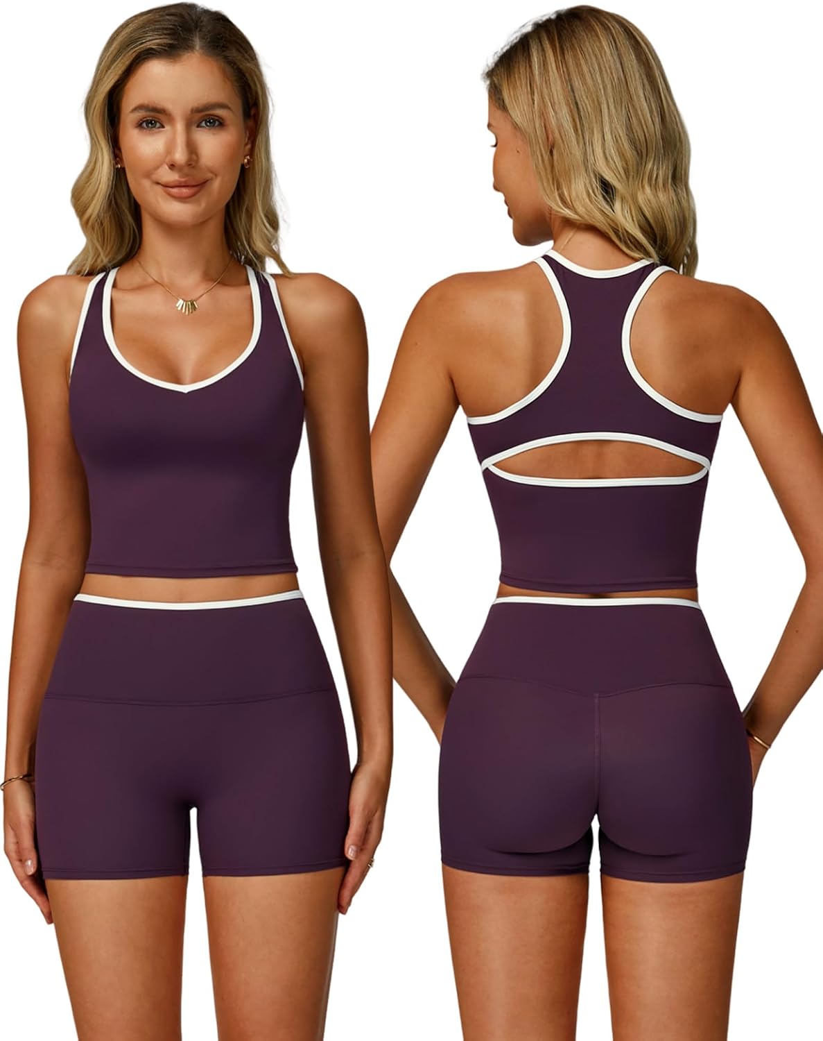 Women 2 Piece Workout Sets Racerback Color Block Tank Top High Waist Tummy Control Shorts Yoga Outfits