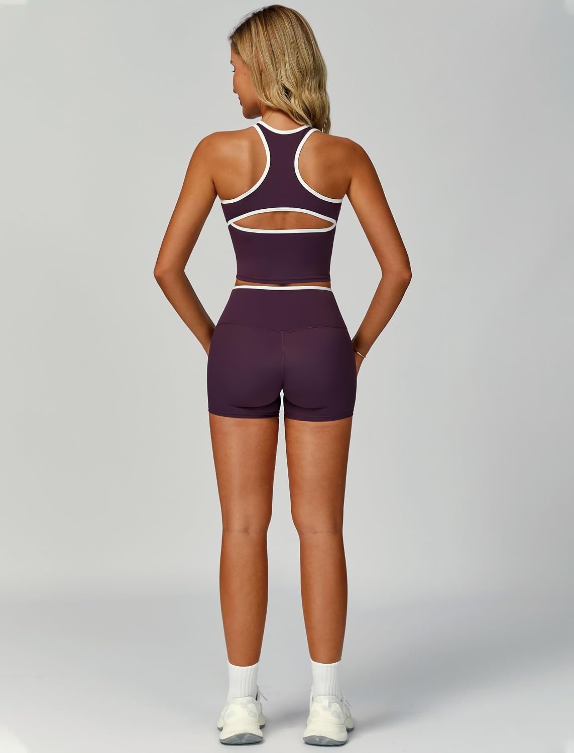 Women 2 Piece Workout Sets Racerback Color Block Tank Top High Waist Tummy Control Shorts Yoga Outfits