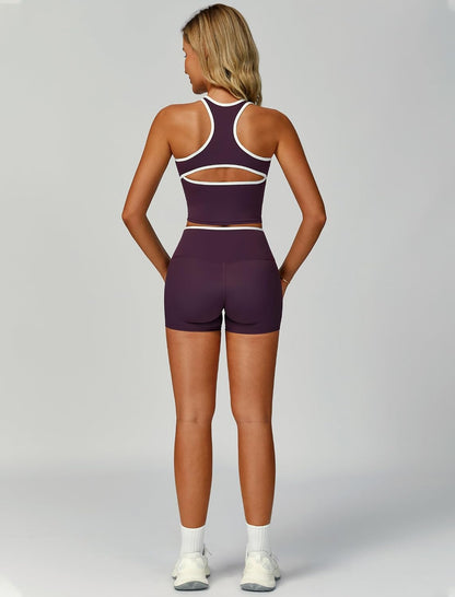 Women 2 Piece Workout Sets Racerback Color Block Tank Top High Waist Tummy Control Shorts Yoga Outfits