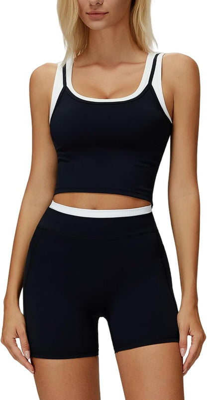 Women 2 Piece Workout Sets Racerback Color Block Tank Top High Waist Tummy Control Shorts Yoga Outfits