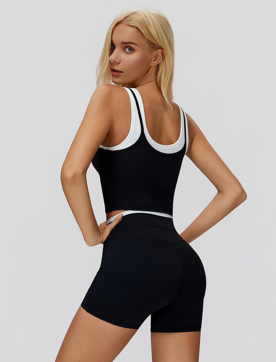 Women 2 Piece Workout Sets Racerback Color Block Tank Top High Waist Tummy Control Shorts Yoga Outfits