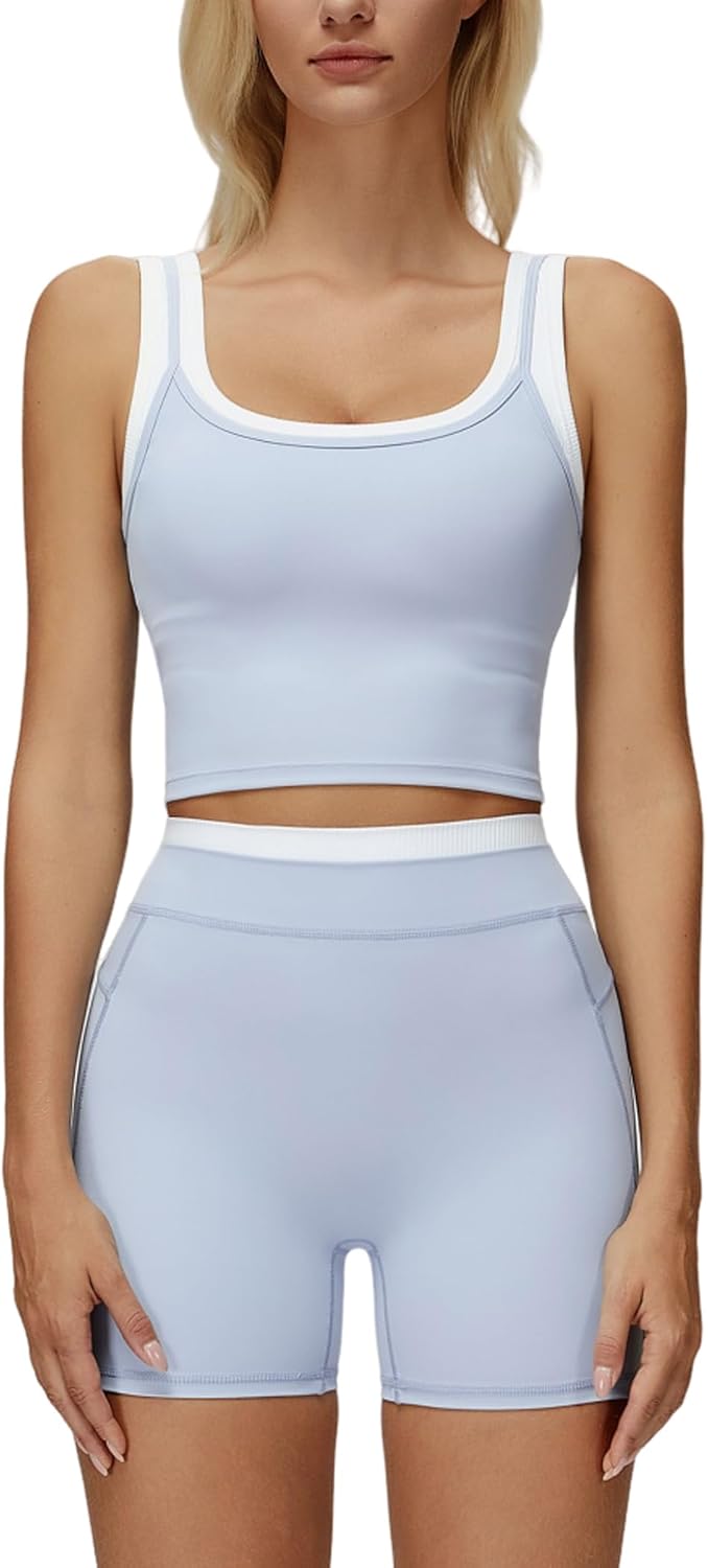 Women 2 Piece Workout Sets Racerback Color Block Tank Top High Waist Tummy Control Shorts Yoga Outfits