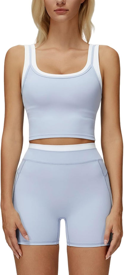 Women 2 Piece Workout Sets Racerback Color Block Tank Top High Waist Tummy Control Shorts Yoga Outfits