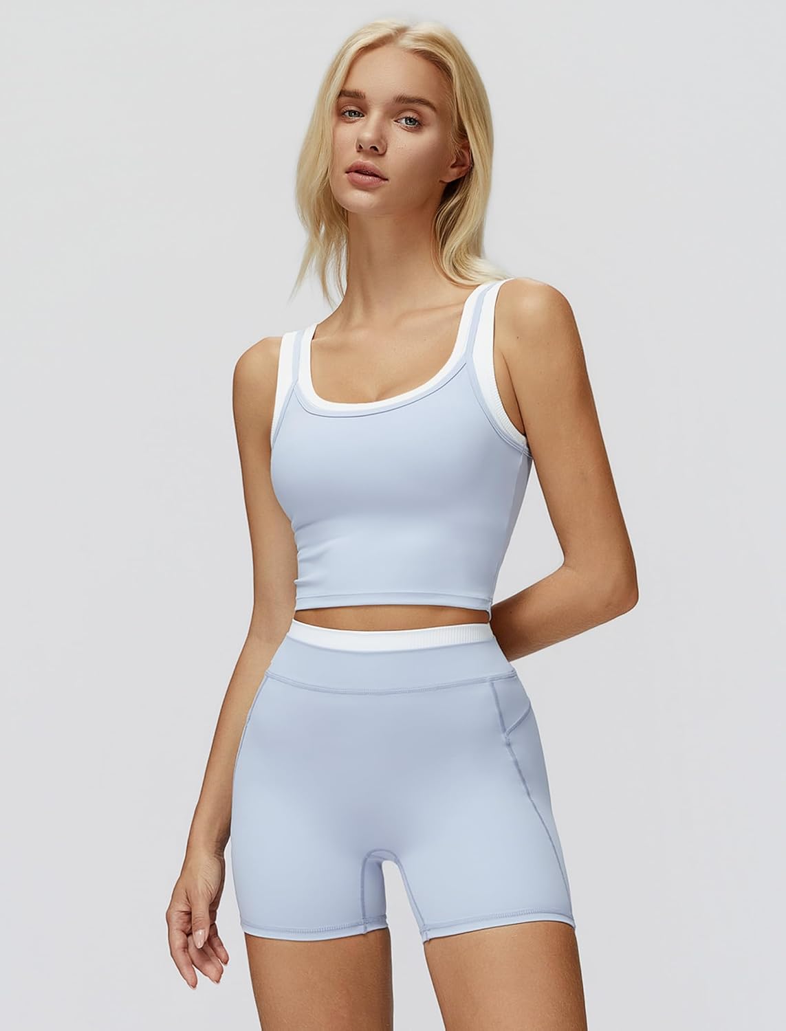 Women 2 Piece Workout Sets Racerback Color Block Tank Top High Waist Tummy Control Shorts Yoga Outfits