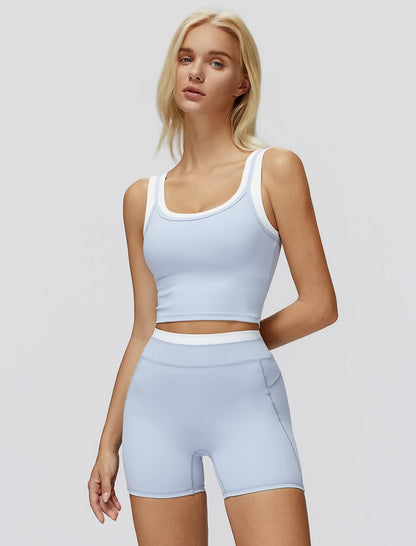 Women 2 Piece Workout Sets Racerback Color Block Tank Top High Waist Tummy Control Shorts Yoga Outfits